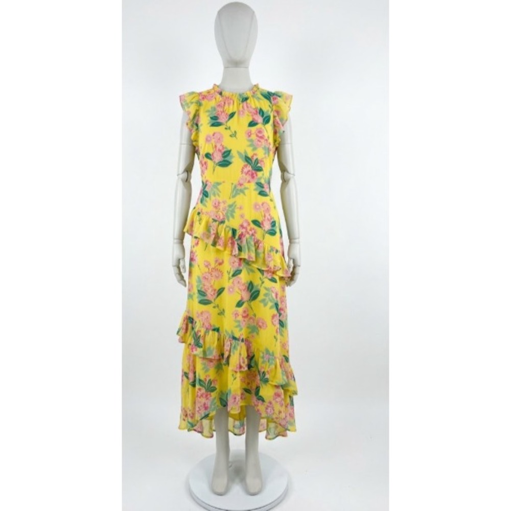 Banjanan maxi Dress yellow small tiered floral pattern long dress 100% cotton